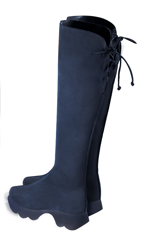 Navy blue women's knee-high boots, with laces at the back. Round toe. Low rubber soles. Made to measure. Rear view - Florence KOOIJMAN